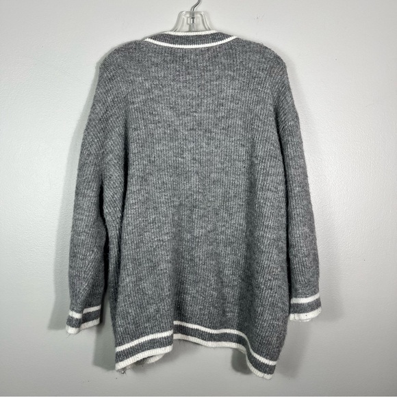 a new day Gray White Varsity Stripe Trim Fuzzy Eyelash Knit Button Down Cardigan - Picture 4 of 6